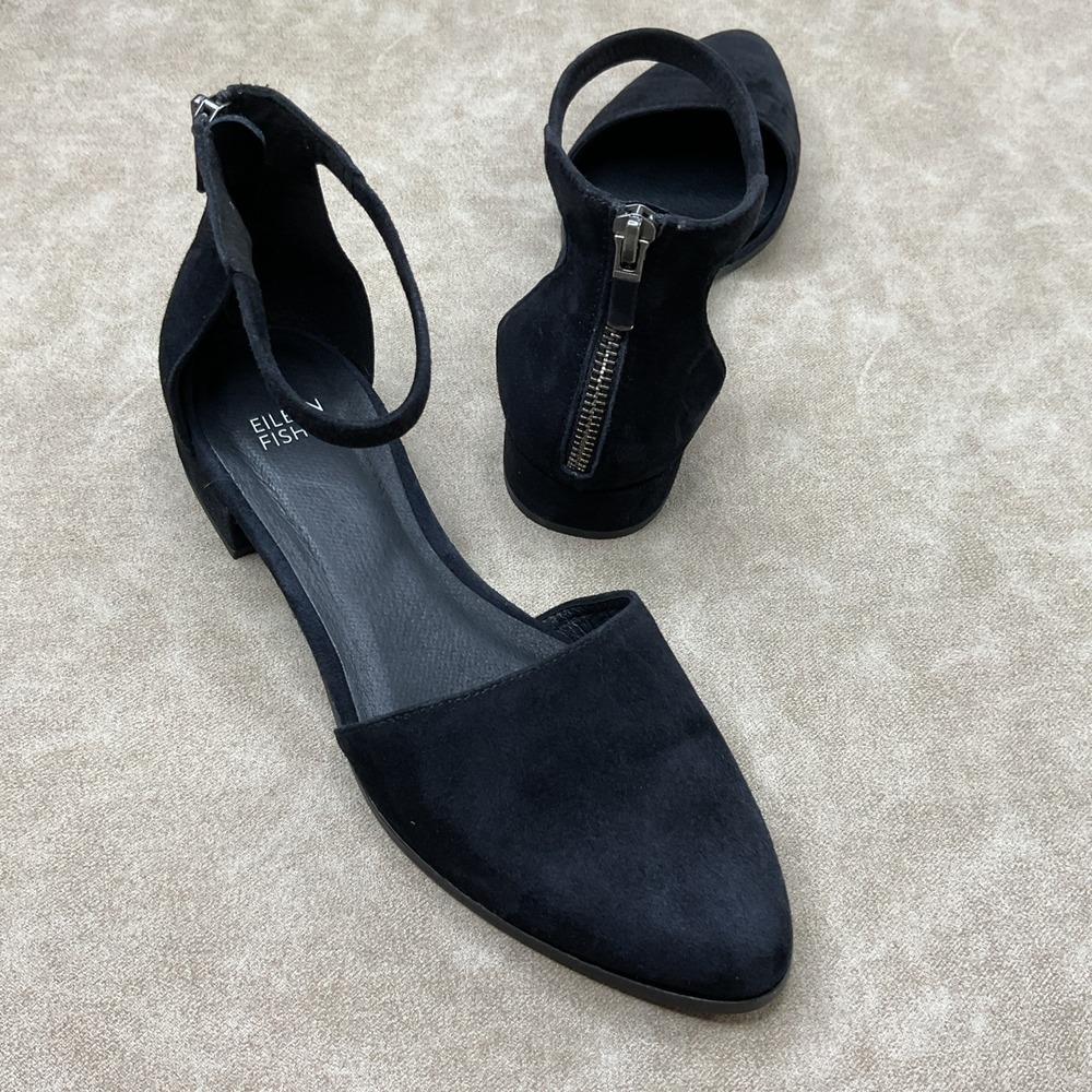 Eileen Fisher Heels 7.5 Sandals Ankle Strap Block Black Suede Vero Cuoio Career - Picture 12 of 13